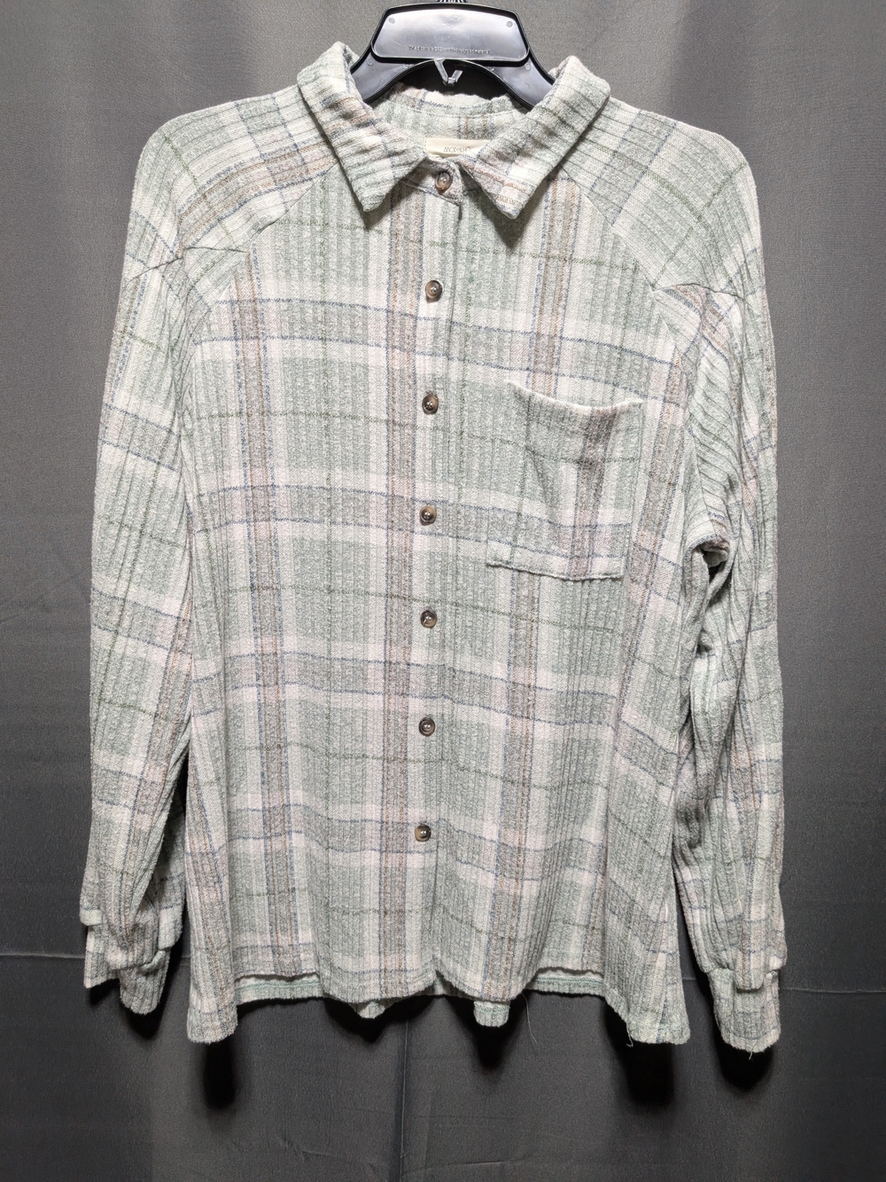 Modish Rebel Buckle Plaid Brushed Knit Button Up Shirt Green Gray Medium